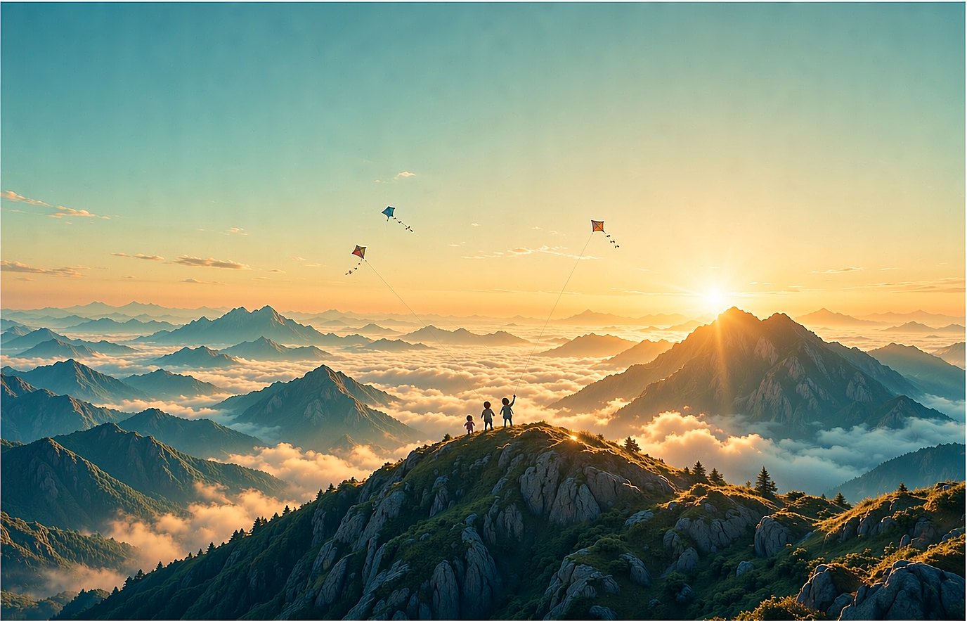 3D cartoon style epic wide banner: sunrise over layered blue-green mountain ridges above a vast glowing cloud sea, three tiny children silhouetted on the ridge crest flying kites high in the wide open sky