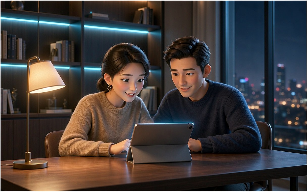 3D cartoon style: two Chinese parents sitting together at a desk in a modern home study at night, reading their child learning report on a tablet
