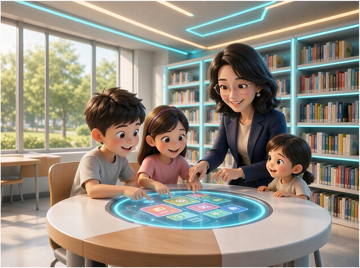 3D cartoon style: warm Chinese teacher in a navy business suit sitting behind and to the right of two elementary school children at a round table in a modern tech library, both children tapping a glowing interactive tabletop screen while a smaller girl watches